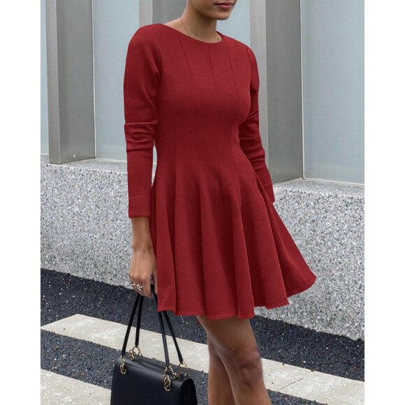 Women  Red High Waist Pleated Flowy A Line Long Sleeve Casual Fall Dress - Picture 4 of 5